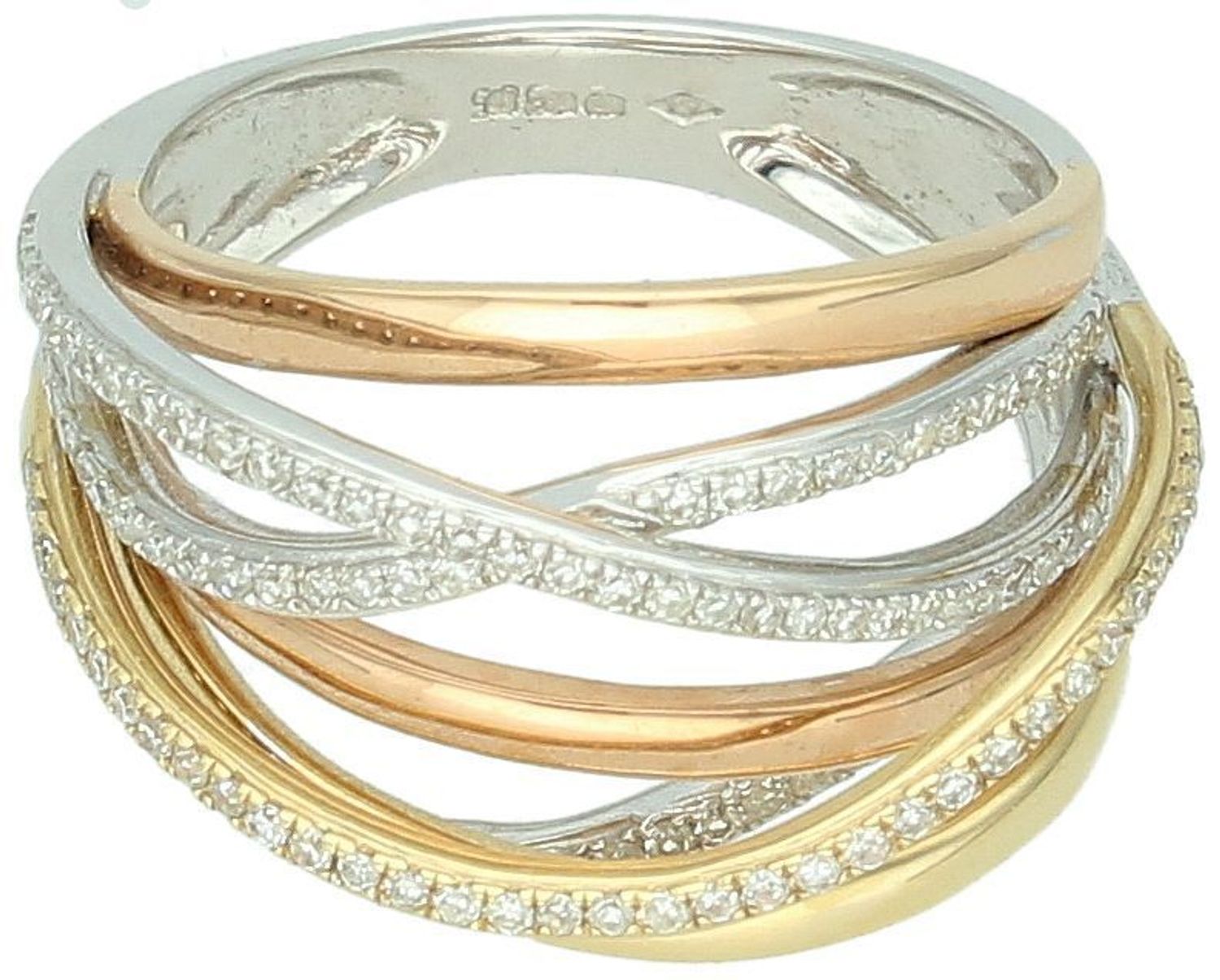 Szeroki złoty pierścionek z diamentami 585 Trzy kolory złota. Pierścionek wykonany ze złota próby 585- w większości z białego złota, z dodatkiem żółtego i różowego. 2.jpg